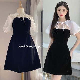 Đầm Đen Tay Phồng Nhung Cúp Ngực Dáng Ngắn Form Chữ A Mặc Đi Tiệc Đi Chơi (Hình Thật)