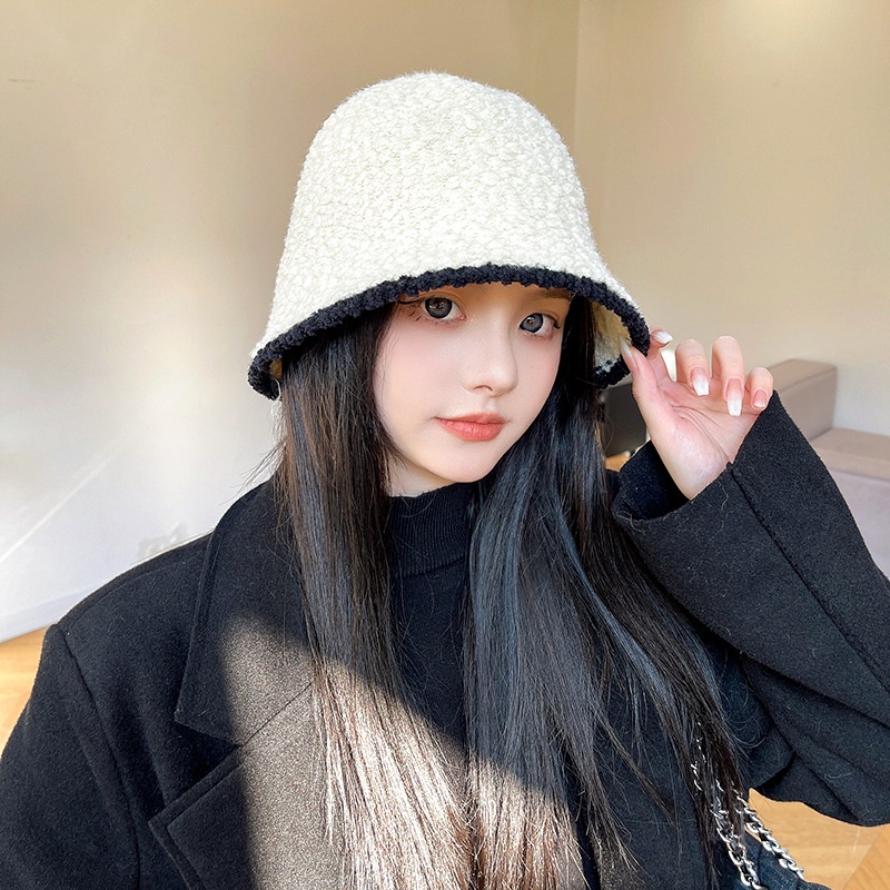 HMH®Mùa thu và mùa đông mới của phụ nữ mũ dệt kim sang trọng Nhật Bản màu sắc ngọt ngào tương phản cạnh mũ chậu bình