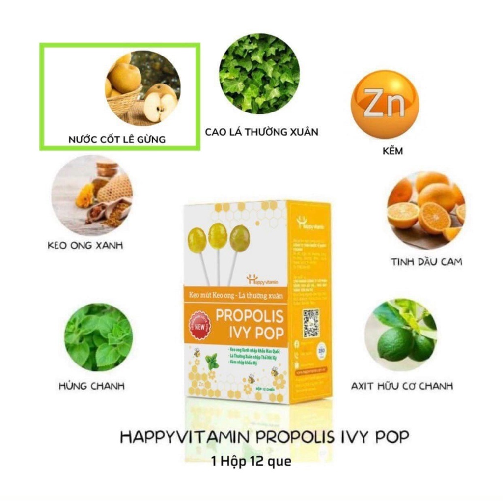 Combo 2 Kẹo mút keo ong, kẹo ngậm ho Happy Vitamin tốt cho bé bị ho, viêm họng, khản tiếng hộp 12 chiếc