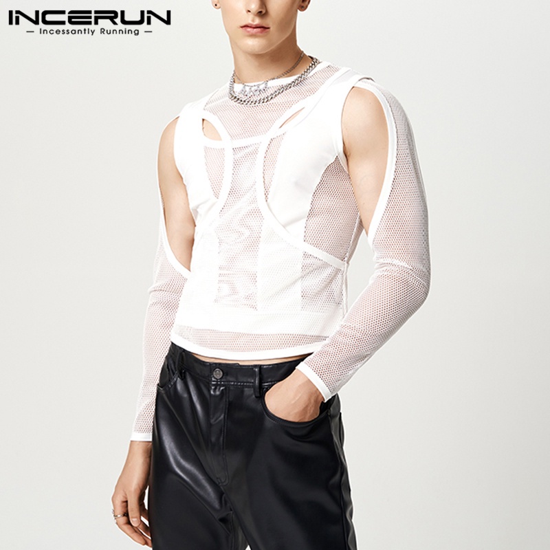 Áo thun INCERUN tay dài nhìn xuyên qua thiết kế đục lỗ thời trang quyến rũ cho nam