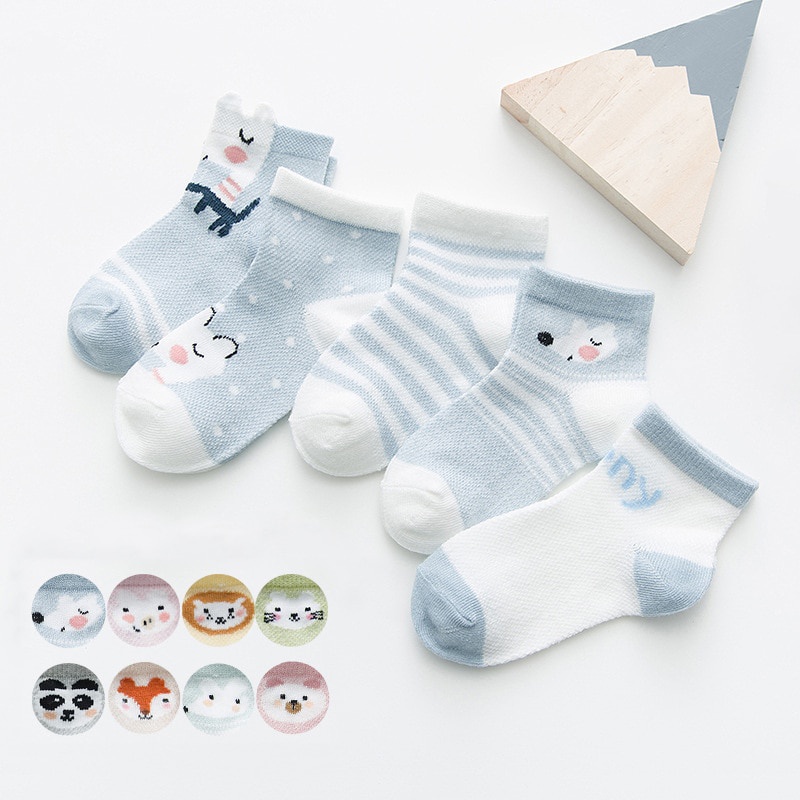 Set 5 Đôi Vớ Cotton Mềm Màu Trơn Họa Tiết Sọc Thể Thao Dành Cho Trẻ Em