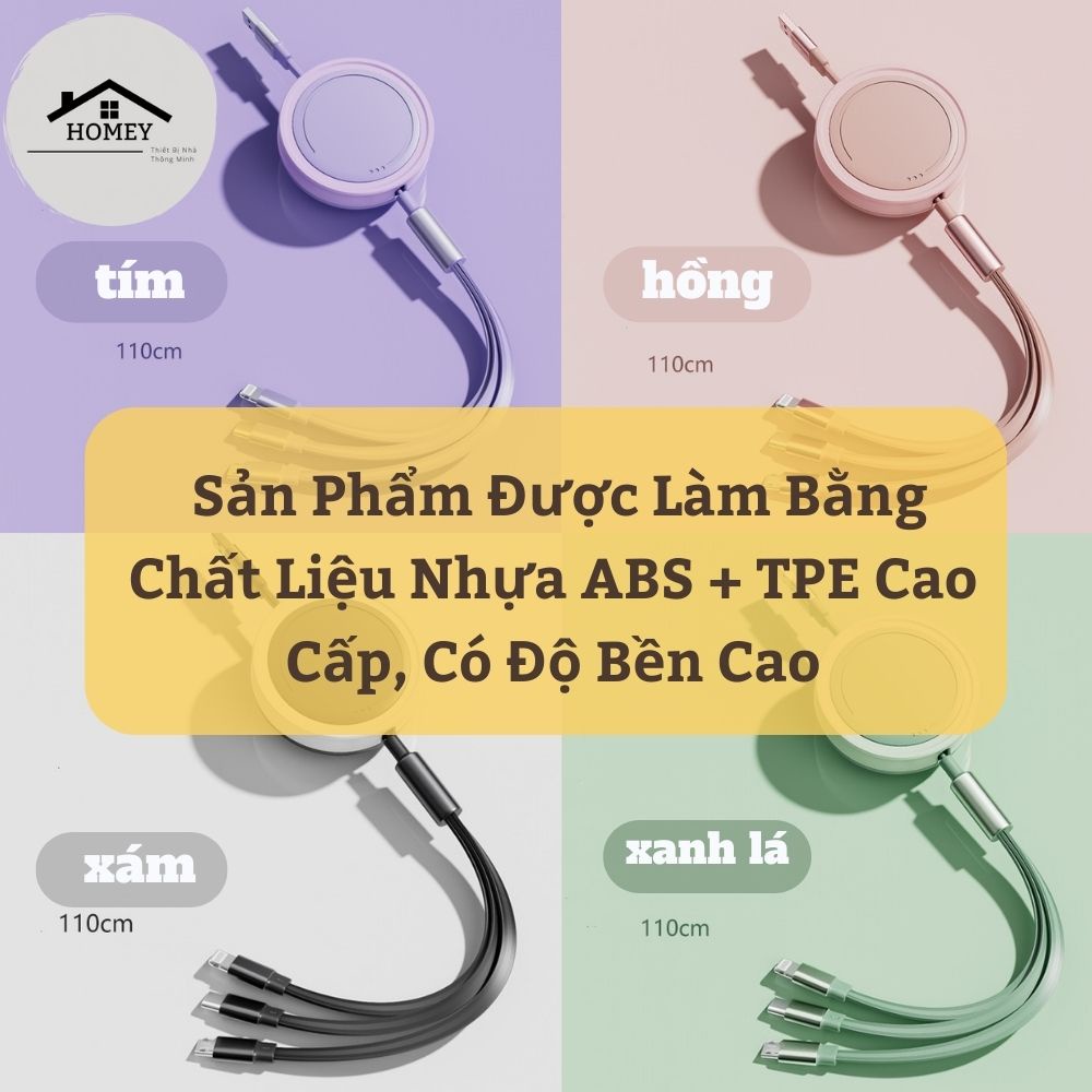 Homey- Cuộn Cáp Sạc Điện Thoại Đa Năng 3 Đầu - Siêu Bền, Nhỏ Gọn &amp; Tiện Dụng