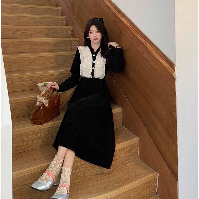 Đầm SUXI màu đen dáng chữ A ôm eo kiểu vintage thời trang thu đông