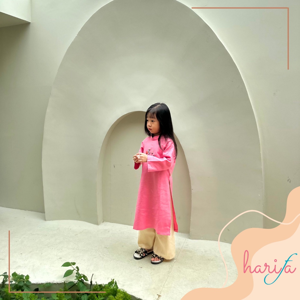 BADT010 Áo dài bé gái - màu hồng - chất liệu linen thêu tay - họa tiết cánh hoa - 1-6 tuổi