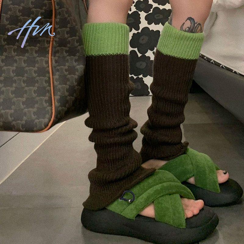 Tất Dệt Kim Cao Cổ Đính Nút Màu Sắc Tương Phản Phong Cách Mỹ y2k Cho Nữ