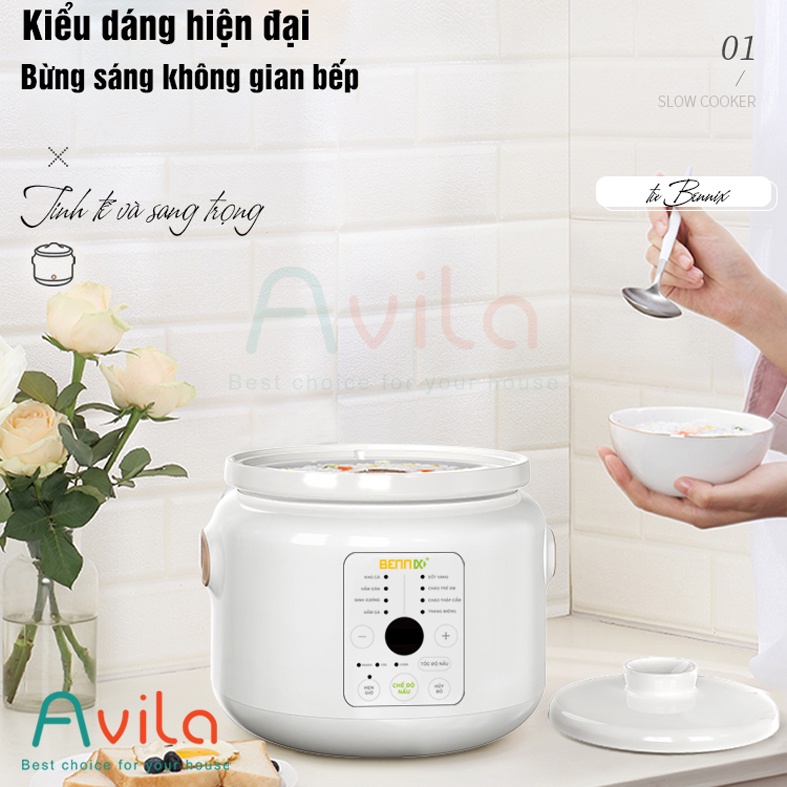 Nồi nấu chậm điện tử, nồi hầm cháo cho bé 8 chức năng nồi ninh xương, ninh cháo, nồi nấu chậm Bennix Nồi lõi sứ