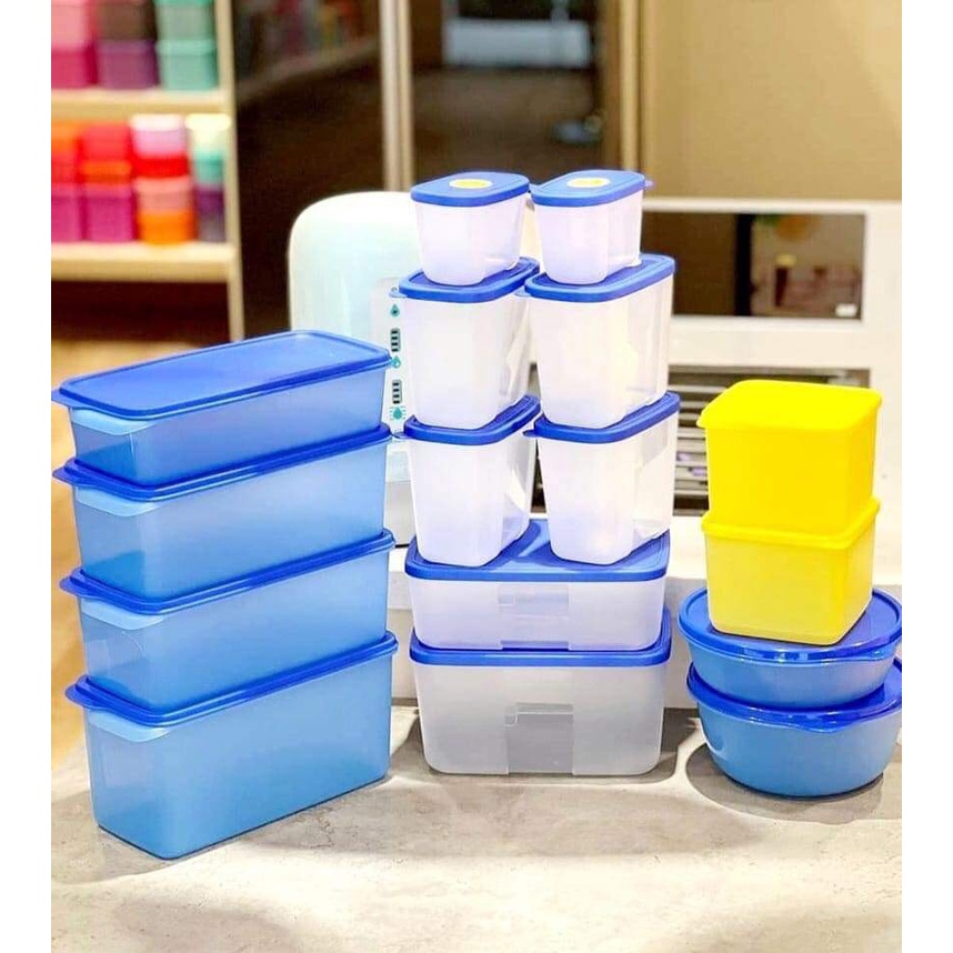 Bộ hộp trữ khô mát đông trong tủ lạnh Tupperware Modern combo set 16 nắp xanh dương có nút đồng hồ