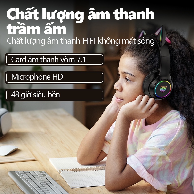 Tai nghe Bluetooth Chụp tai Chơi game Tay Mèo Headphones Gaming Không dây ONIKUMA B90 Đen Có mic, RGB, Cho PC, Laptop