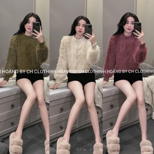 Áo len nữ lông thừng cổ tròn tay dài dáng ngắn hàng QC