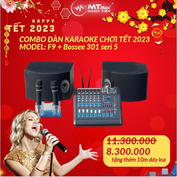 Combo dàn karaoke gđ 2023 siêu hay mixer liền công suất F9 có sẵn 2 micro và loa 301 seri V