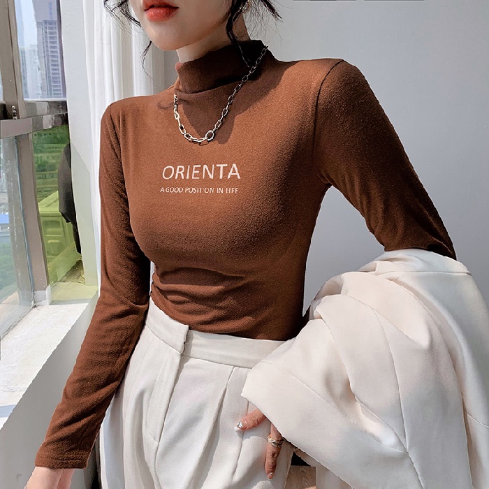 Áo Thun Nữ Dài Tay Cổ Cao In Chữ