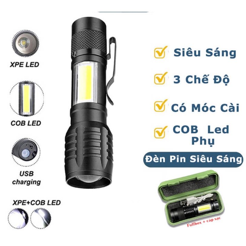 Đèn pin mini siêu sáng có Zoom xa gần, 3 chế độ sáng có móc treo tiện ...