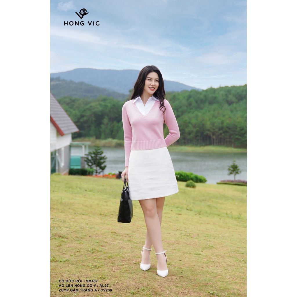 Áo len nữ thiết kế Hong Vic hồng cổ V AL27