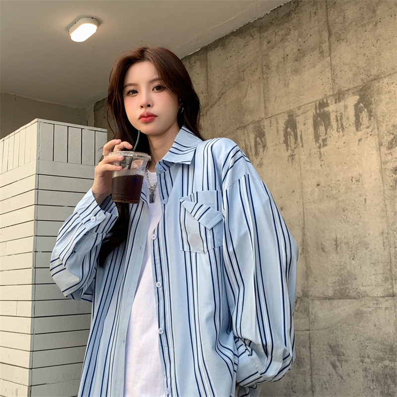 Áo sơ mi SUXI tay dài quá cỡ họa tiết kẻ sọc phong cách Hàn Quốc thời trang đơn giản dành cho nữ
