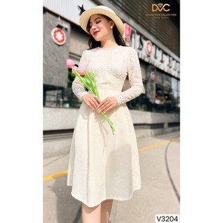 Váy ren trắng dài tay kết hợp vải dạ - váy dạ dáng xoè