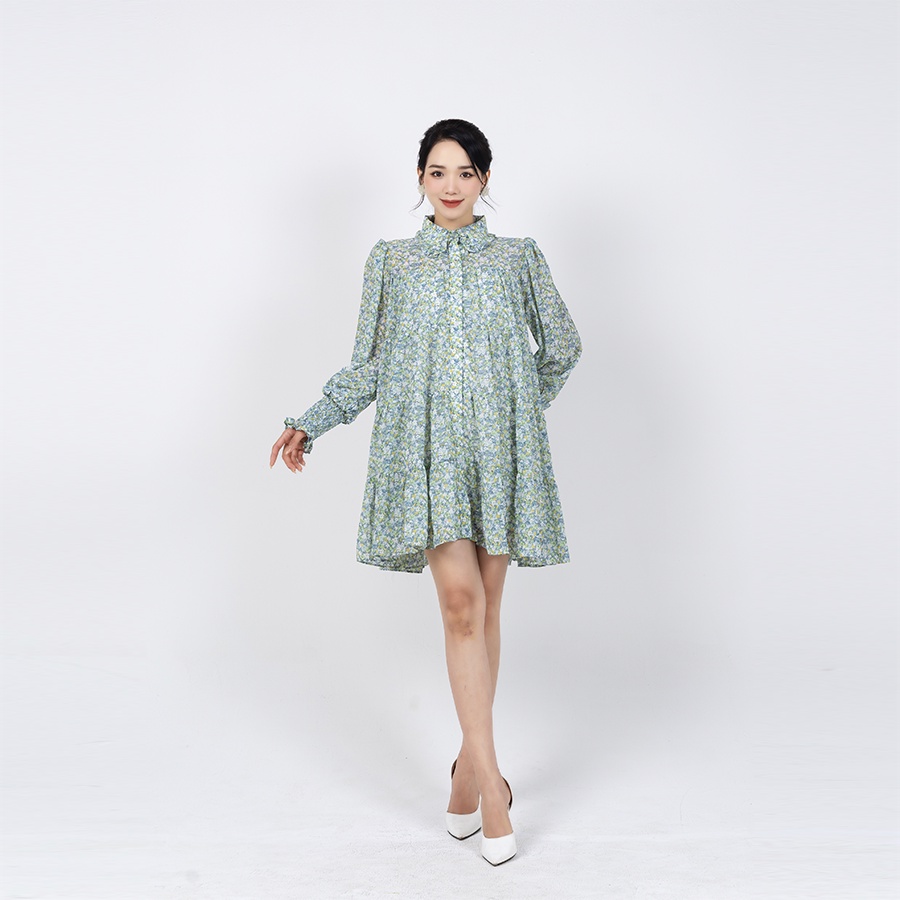 Đầm Hoa Nhún Tay Dài Phồng Màu Vàng Nhạt - Xanh Lam Luu's Collection