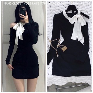[FREESHIP] Đầm body đen khoét vai tay dài nơ cổ NÀNG CLOSET