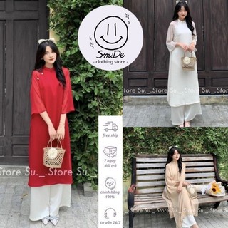 Áo Dài Cách Tân Chất Tơ Lụa Khóa Sau Tay Lỡ Khuy Hoa Mai Thời Trang Tết 2023 | Smide Clothing