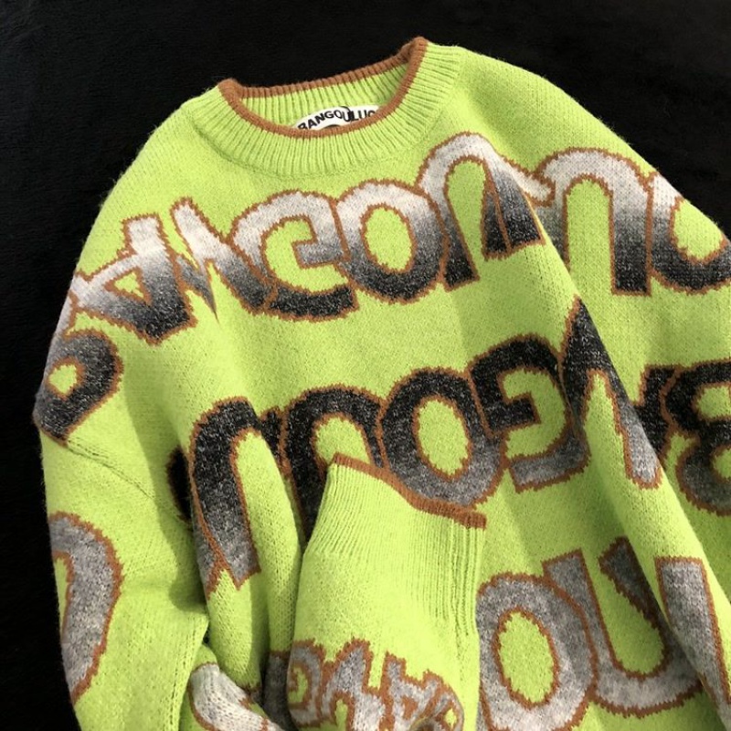 Zhuangji Áo Sweater Dệt Kim Dáng Rộng In Chữ Màu Gradient Phong Cách Đường Phố Mỹ Cho Cặp Đôi