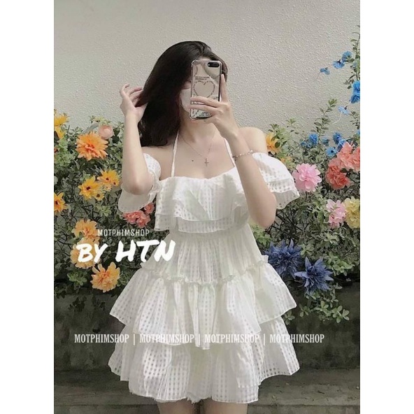 Đầm trễ vai caro