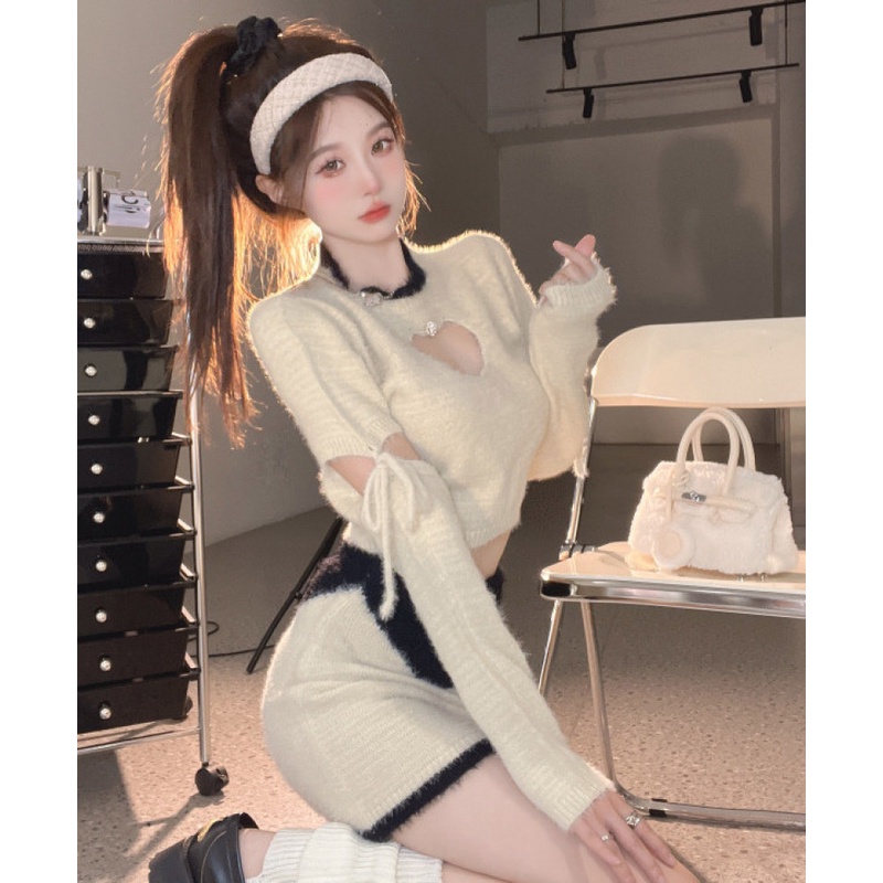 Bộ Áo Dệt Kim Tay Dài + Chân Váy Thời Trang Xinh Xắn Cho Nữ Mùa Thu Đông