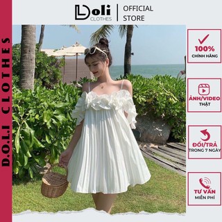 Đầm Bèo Nữ 2 Dây Dập Ly Trắng 2s Dáng Xòe - Đầm Bèo Trắng Dập Ly Dáng Xòe Váy Nữ 2 Dây Chất Đũi D034 - DOLI Clothes
