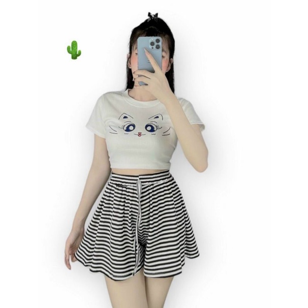 Sét bộ quần đùi ống rộng và áo in hình pokemon