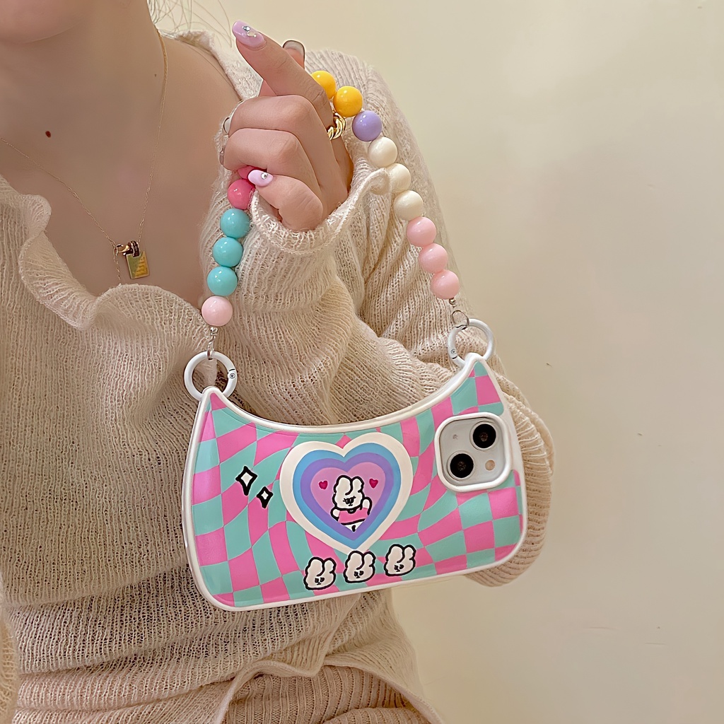 Ốp Điện Thoại Tpu Dẻo Họa Tiết Hoạt Hình Chú Thỏ Kèm Dây Đeo Ngọc Trai Cho iPhone 14 13 12 11 Pro Max 14 Plus