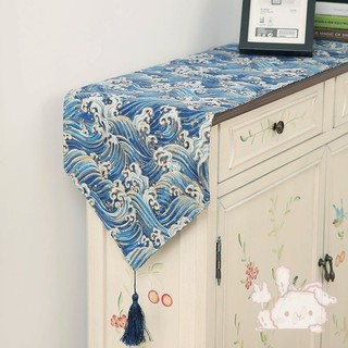 Khăn trải bàn bằng cotton lanh dài họa tiết lá cờ nhật bản