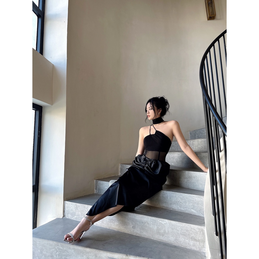 Đầm Dây Cổ Choker Phối Lưới Eo LSEOUL V1450 Chất Lụa Sang Trọng Kiêu Sa Phù Hợp Đi Tiệc