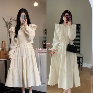 Đầm Voan Phối Len Montogi Thắt Dây Rút Eo Bèo Vai Bo Chun Tay Năng Động Style Vintage Retro Nhẹ Nhàng Cho Nữ