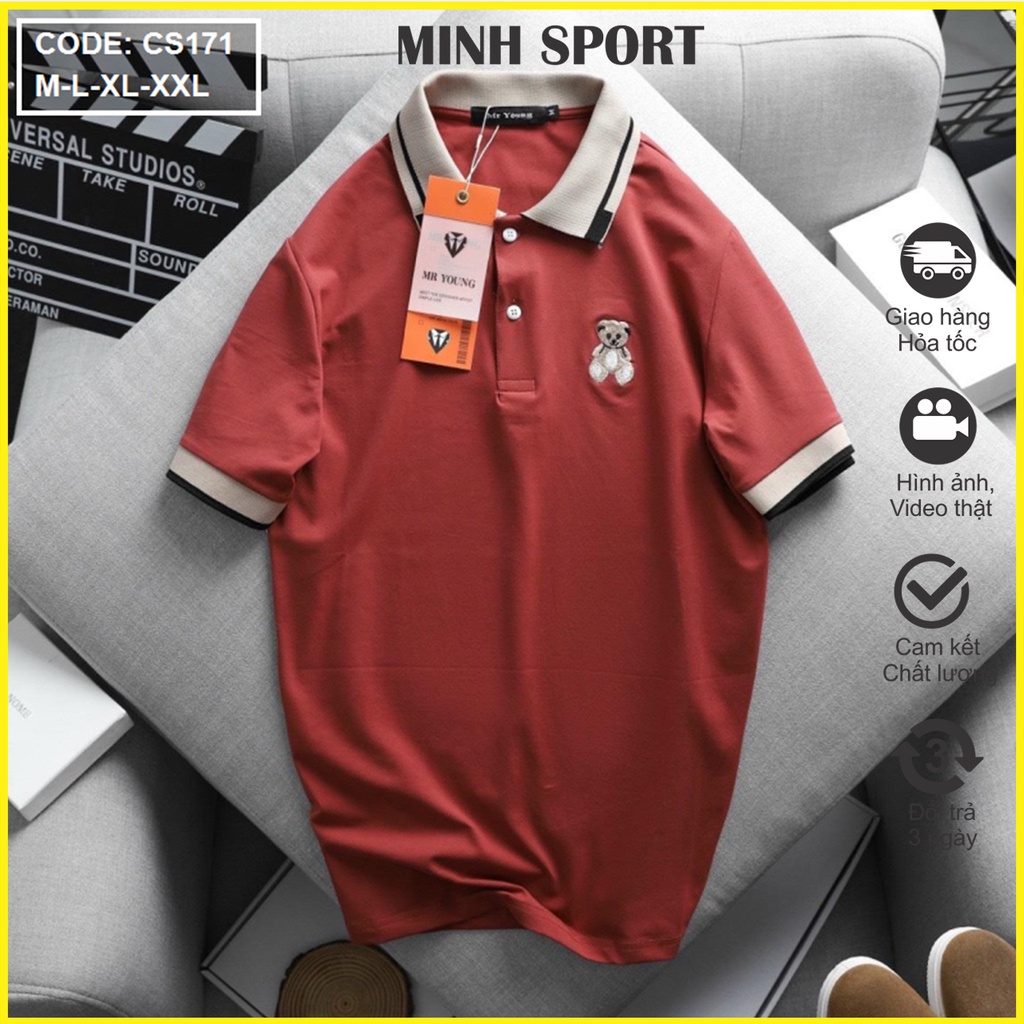 Áo Thun Nam Có Cổ Vải Cotton Thêu Gấu, Vải Mặc Mát, Mềm Mịn, Thấm Hút Mồ Hôi mã AO.86