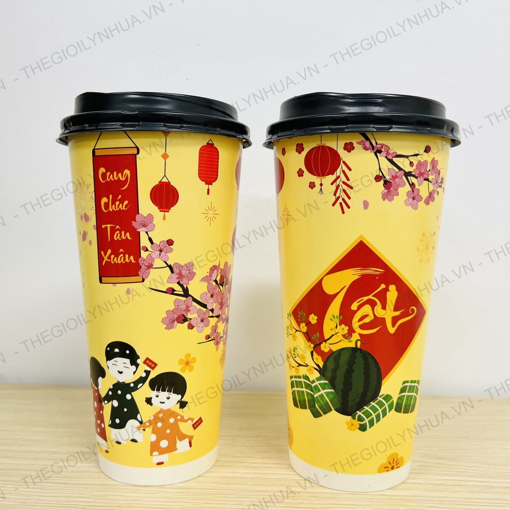 [COMBO 300] Ly giấy in sẵn mẫu Tết, cốc giấy dùng 1 lần, ly giấy 12oz, 16oz và 22oz phi 90 - Mẫu 3