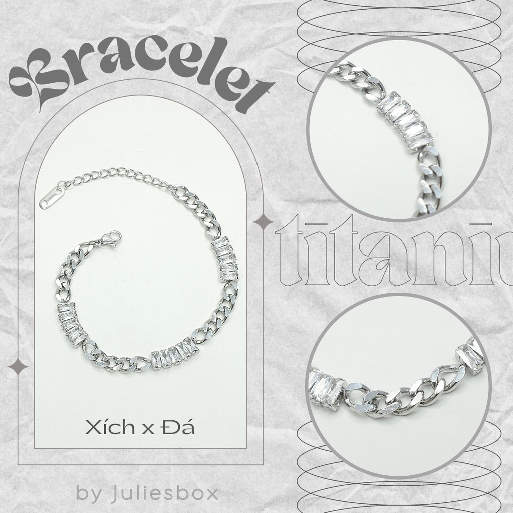 Vòng Tay Thép Không Gỉ Xích Phối Đá Freesize Màu Bạc Không Đen Không Gỉ Sét Không Ngứa julies box 66