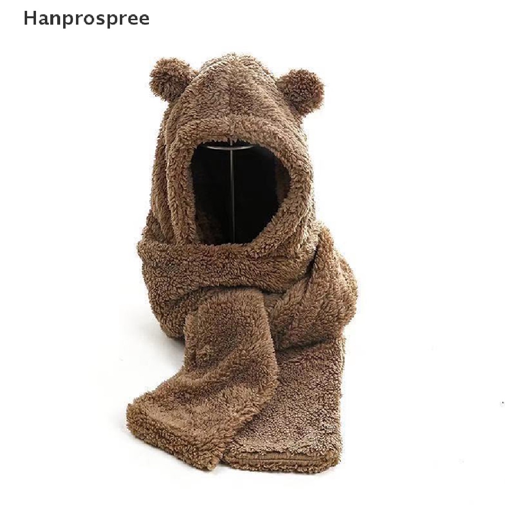 Hanprospree > Set Mũ Beanie Và Khăn Choàng Cổ Tai Gấu Bằng Vải Lông Cừu Màu Trơn Ấm Áp Mùa Đông Giản Dị Dành Cho Bạn Nữ