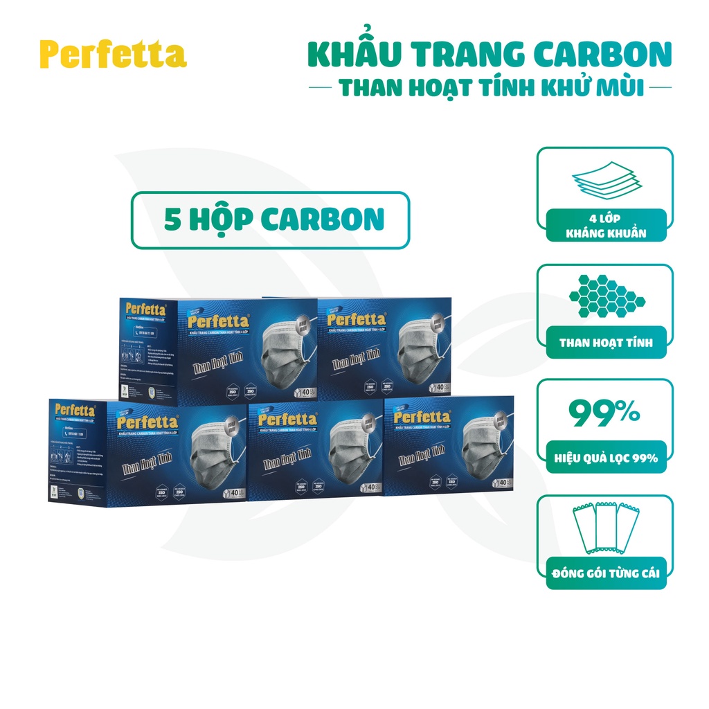  Combo 5 hộp khẩu trang y tế Perfetta Carbon 4 lớp 40 cái/hộp