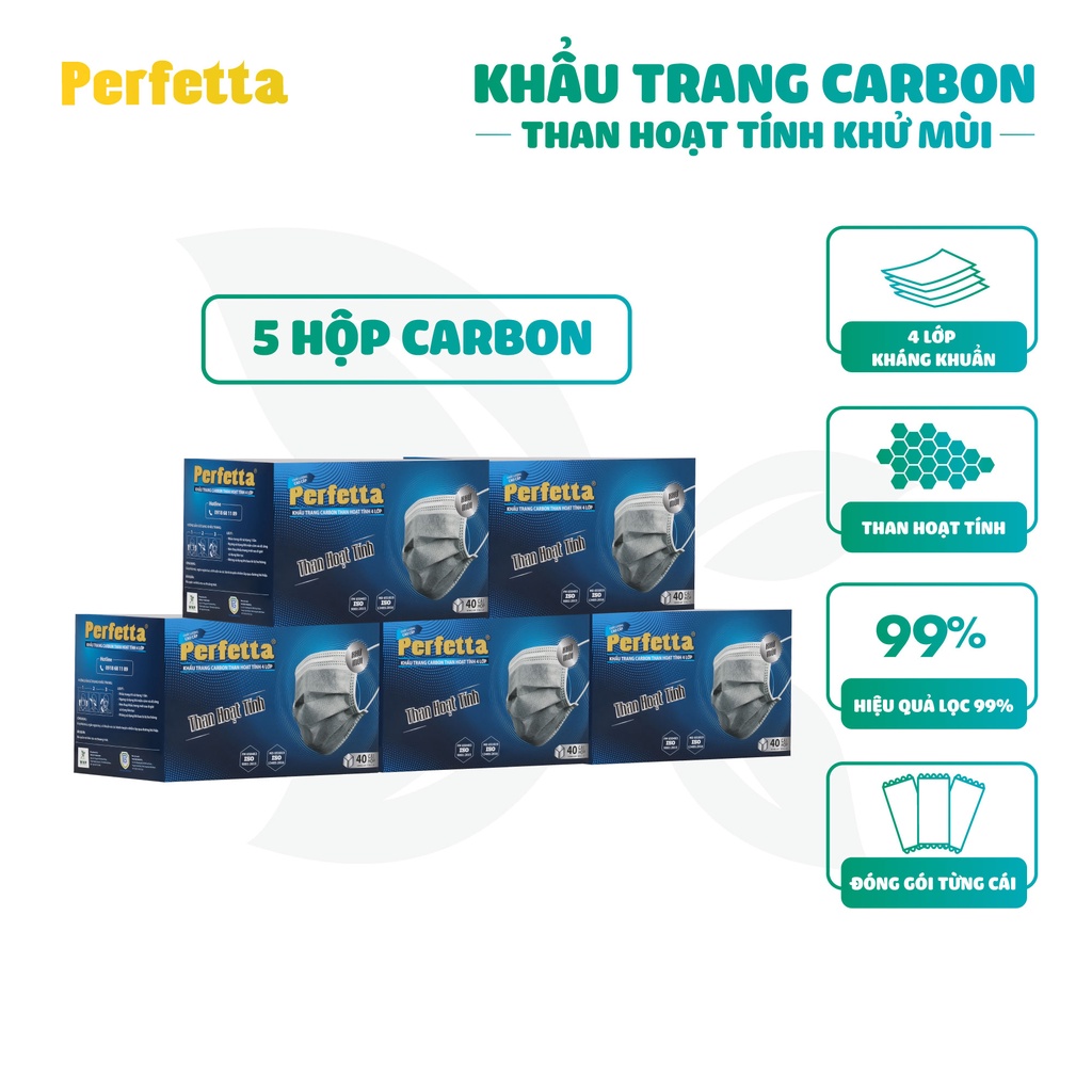 Combo 5 hộp khẩu trang y tế Perfetta Carbon 4 lớp 40 cái/hộp