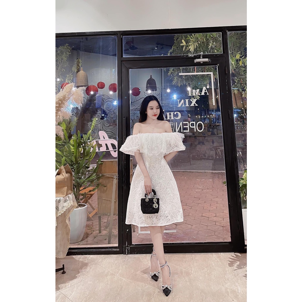 Đầm dự tiệc ren trễ vai dáng xòe Cúp ngực Barbie Dress