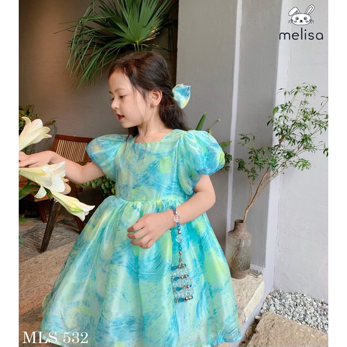 Đầm bé gái hoa tay bồng xanh họa tiết (Có ảnh thật shop chụp)