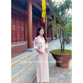 Bộ Đi Lễ Chùa Lụa Trắng Hoa Lan Ánh Kim