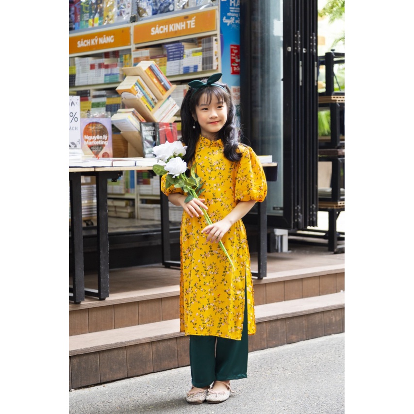 Áo dài cho bé gái - áo dài cách tân cho bé gái thiết kế tay phồng hoạ tiết Bách Hoa Xuân chất liệu lụa mango cao cấp