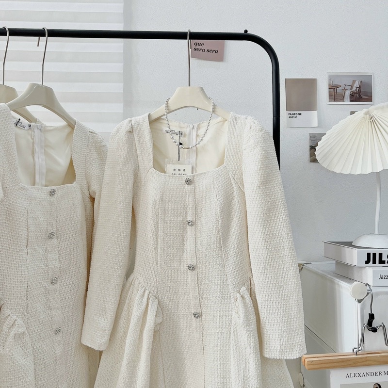 Váy trắng dạ tweed tay dài đính cúc đá hoa  hình thật, Đầm dạ tweed sang chảnh đi tiệc màu trắng
