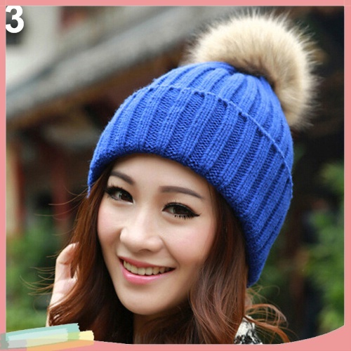 Mũ trùm đầu chất liệu len màu trơn trang trí bóng lông xinh xắn cho nữ
