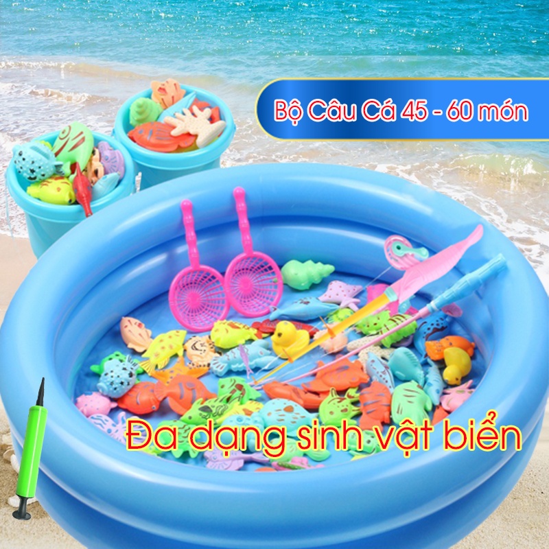 Bộ đồ chơi câu cá cho bé 60 chi tiết bao gồm cần câu ròng rọc, bể phao 2 tầng, xô cực xinh cho trẻ vui chơi thoả thích