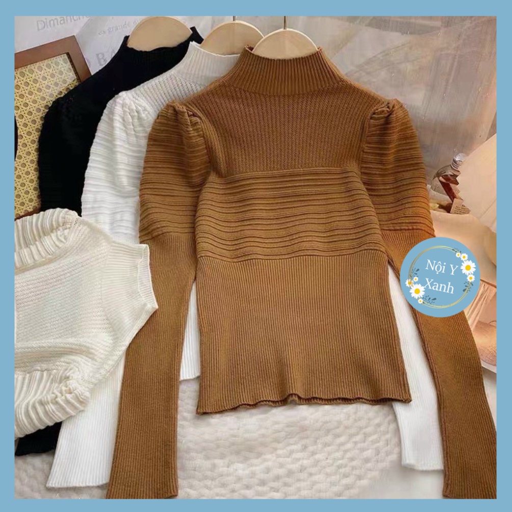 áo len nữ Nội Y Xanh cổ 3 phân tay bồng tay dài viền nổi hàng QCCC A63 hot trend thu đông ấm áp