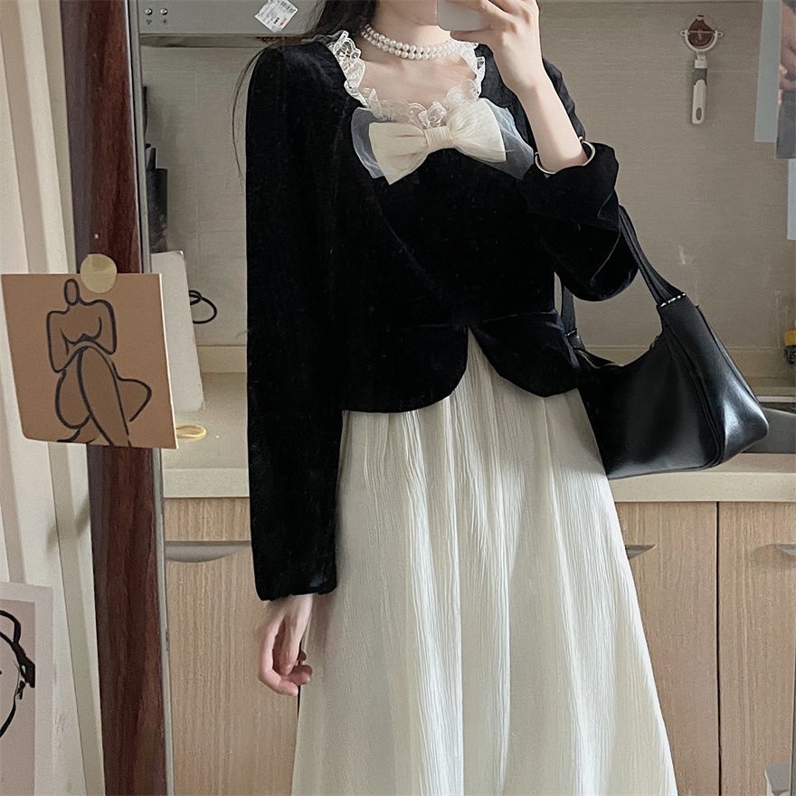 Đầm Chữ A Giả Hai Mảnh Tay Dài Vải Nhung Phối Ren Thời Trang Mùa Thu Mới 2022