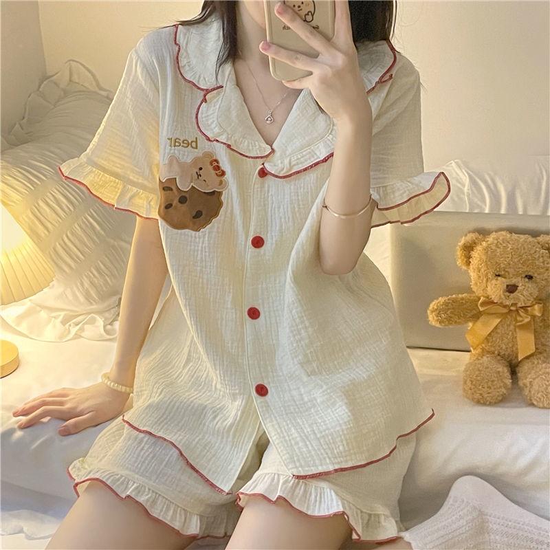 (SẴN) Set bộ mặc nhà vàng kem thêu hình gấu quảng châu