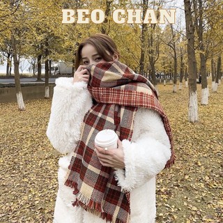 Khăn quàng cổ nam nữ choàng cổ len dạ lông thỏ caro vintage caro đỏ tặng quà noel tết khăn đôi mềm mịn dày ấm Beochan