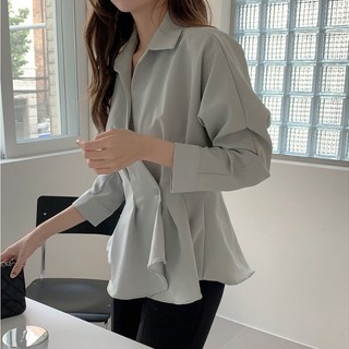 Xj-áo sơ mi tay dài viền bèo phong cách retro hong kong cho nữ