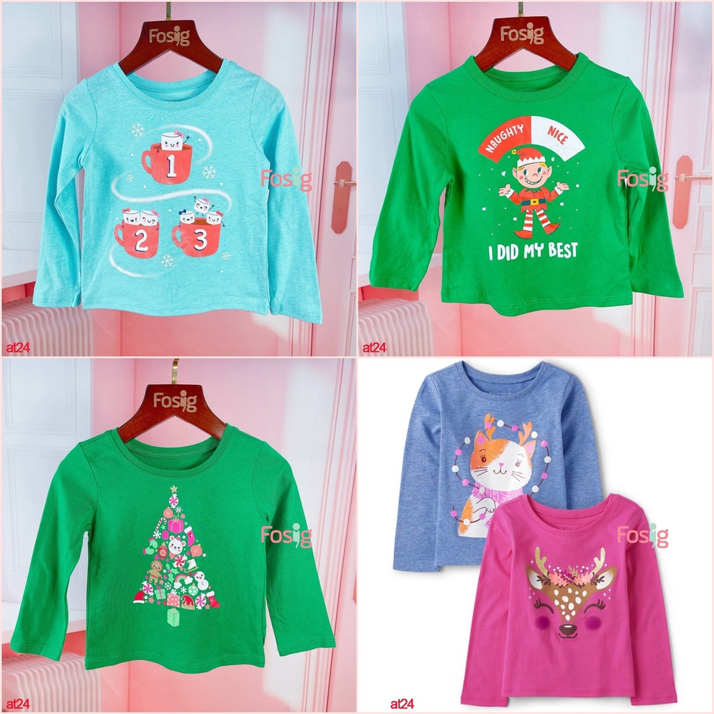 Áo Thun Tay Dài Bé Gái PL - Xanh Lá Naughty, Xanh Lá Noel, Xanh Mèo Vàng, Xanh Ngọc Ly Đỏ